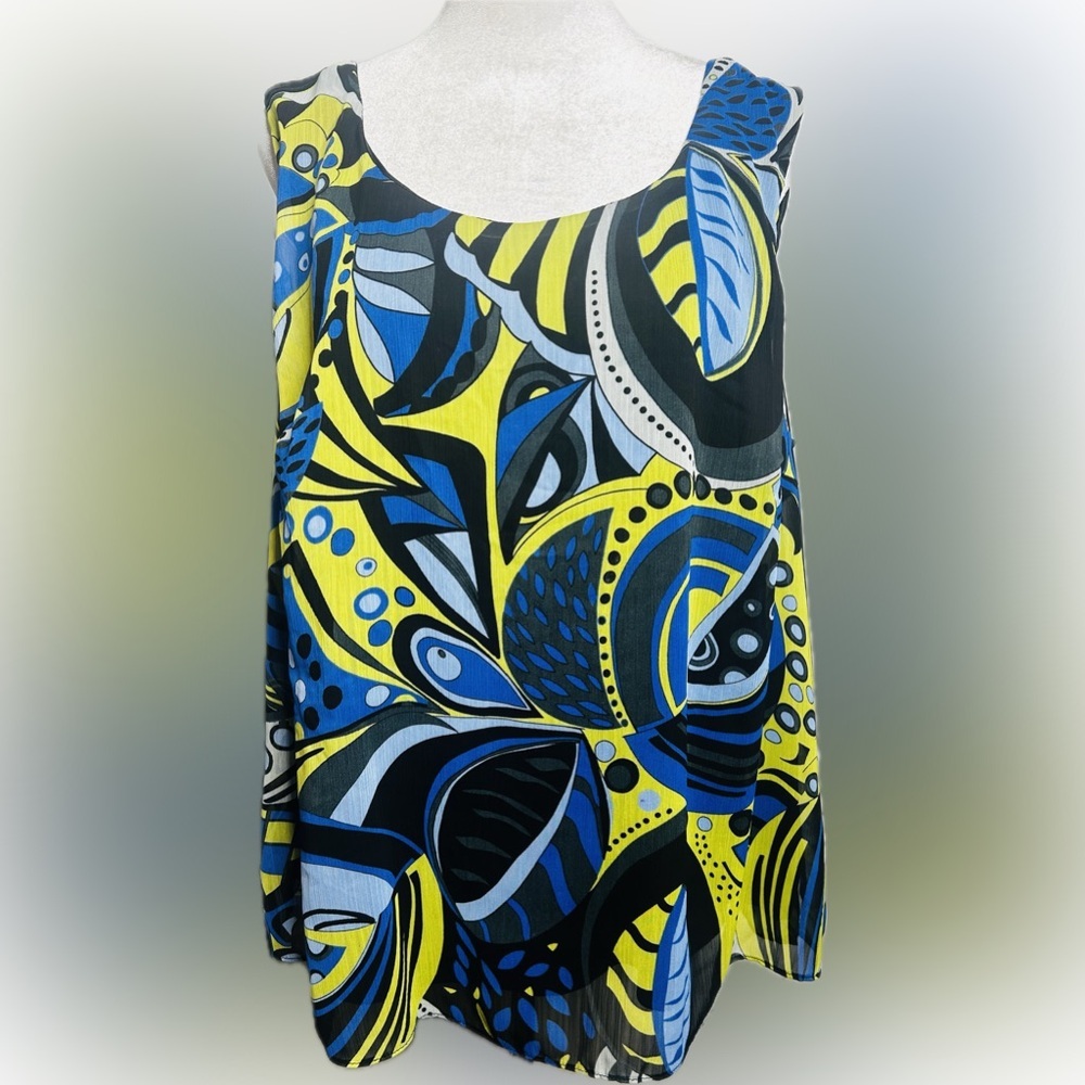 EUC Dana Kay SZ XL Blue/lime/black/gray sleeveless sheer print top/bust 46” - Picture 2 of 6